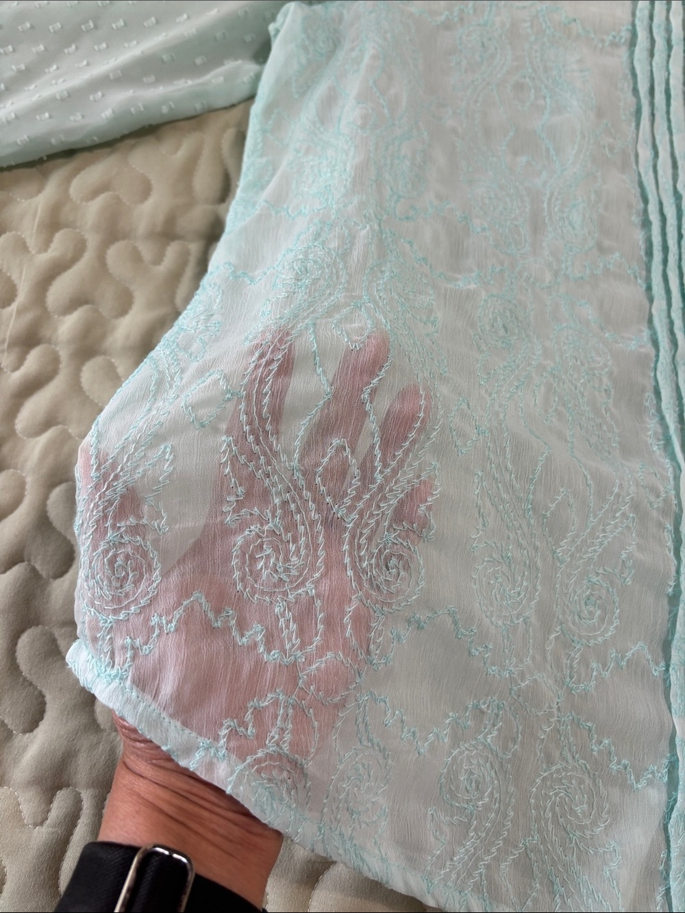 Chico's Mint Blue Aqua Pintuck  Sheer Blouse Embroidery Swiss Dot Size 3 (XL/16) - Picture 7 of 14